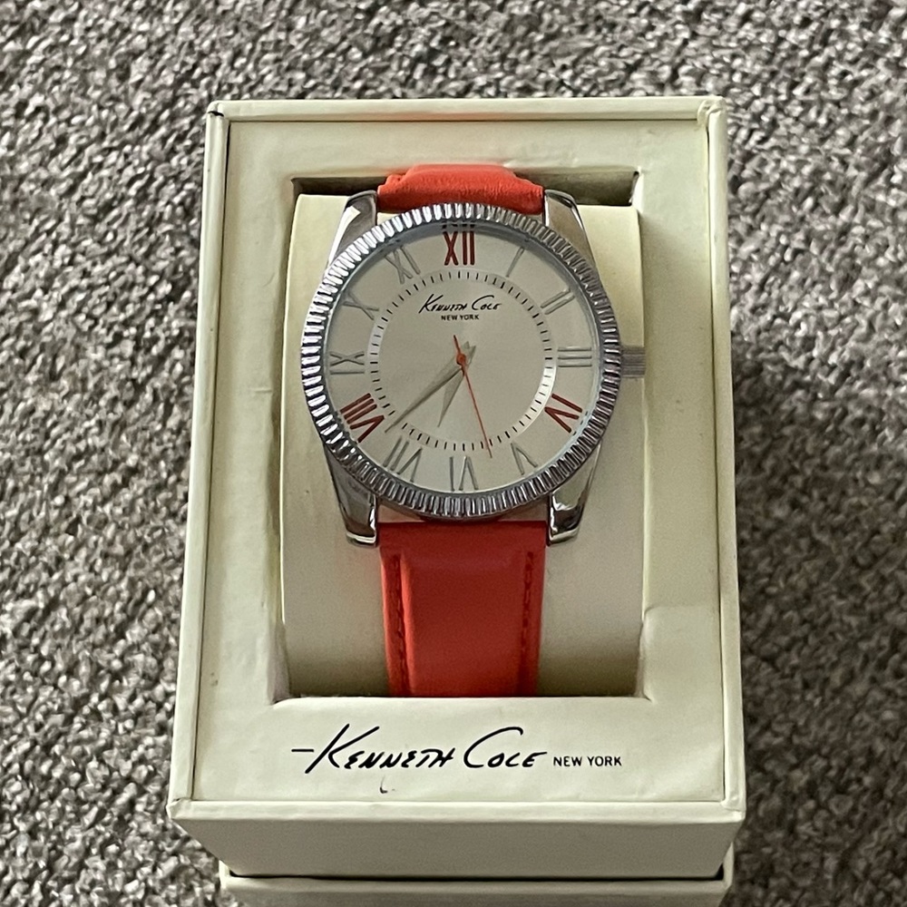 NWOT Kenneth Cole Women’s Watch- coral leather band and silver hardware …